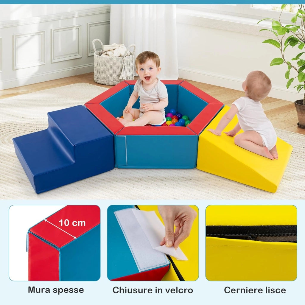 Set di 3 Blocchi da Arrampicata in Schiuma per Bambini, Set Gioco per Interni con Piscina di Palline, Triangolo, Scala e Palline Colorate per Bambini 1+ Anni
