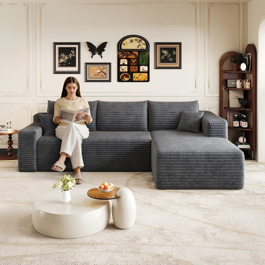 Divano angolare in tessuto con montaggio semplice e seduta morbida per soggiorno grigio scuro 241 × 151 × 58 cm