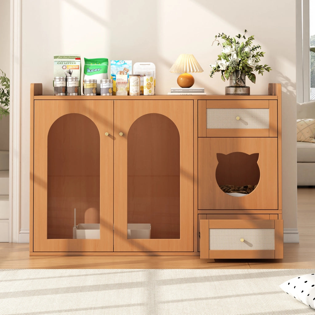 Mobile coperto per lettiera per gatti 5 in 1 con vano riposo e cassetto ciotole, in MDF e vetro, noce, 120 × 45 × 76 cm