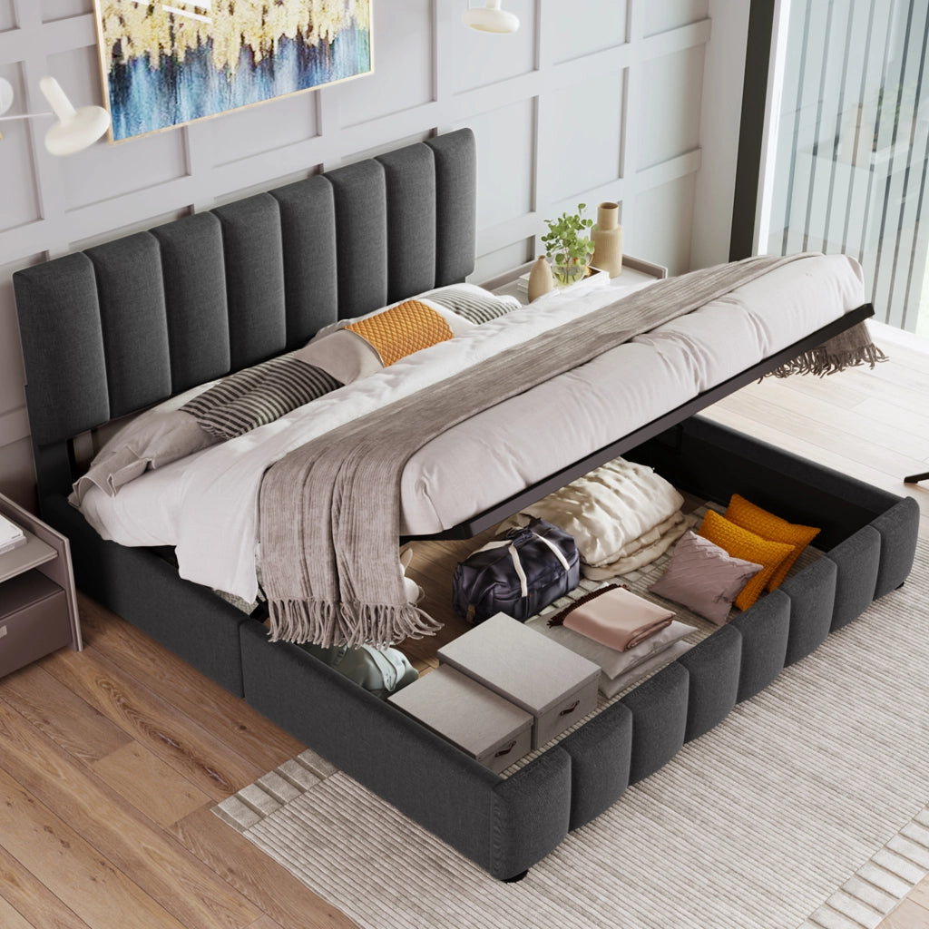 OKWISH Letto Contenitore 140×200 cm, Letto Matrimoniale con Testiera Regolabile e Vano Contenitore, senza Materasso, in Lino, Grigio