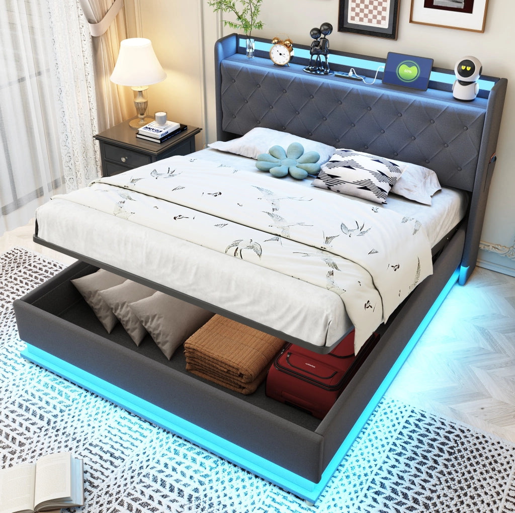 Letto imbottito LED 140 x 200 cm con contenitore idraulico; USB e rete metallica; grigio