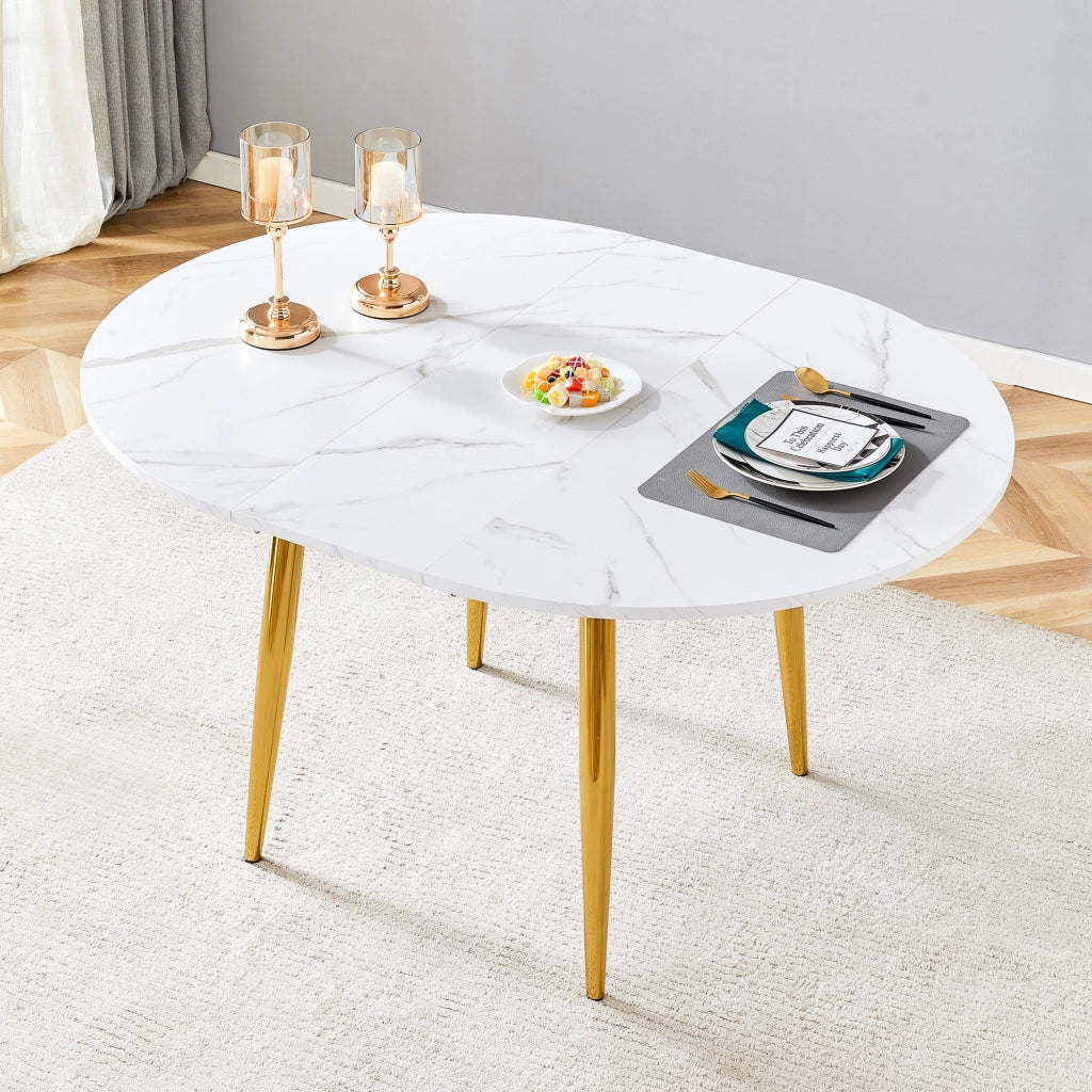 Tavolo da pranzo allungabile rotondo con piano in MDF e gambe in metallo, moderno, con bordi arrotondati, bianco