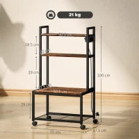 Carrello Porta Stampante a 4 Livelli con Prese di Corrente, Ruote e Telaio in Metallo, 55x37.5x100 cm, Marrone