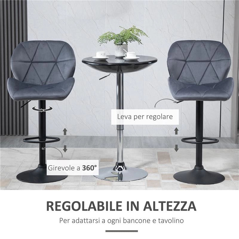 SET 2 SGABELLI DA BAR CON ALTEZZA REGOLABILE BASE IN METALLO SEDUTA IN VELLUTO, SGABELLI CUCINA ALTI GIREVOLE CON SCHIENALE E POGGIAPIEDI, 51.5X57.5X93-114.5CM, GRIGIO