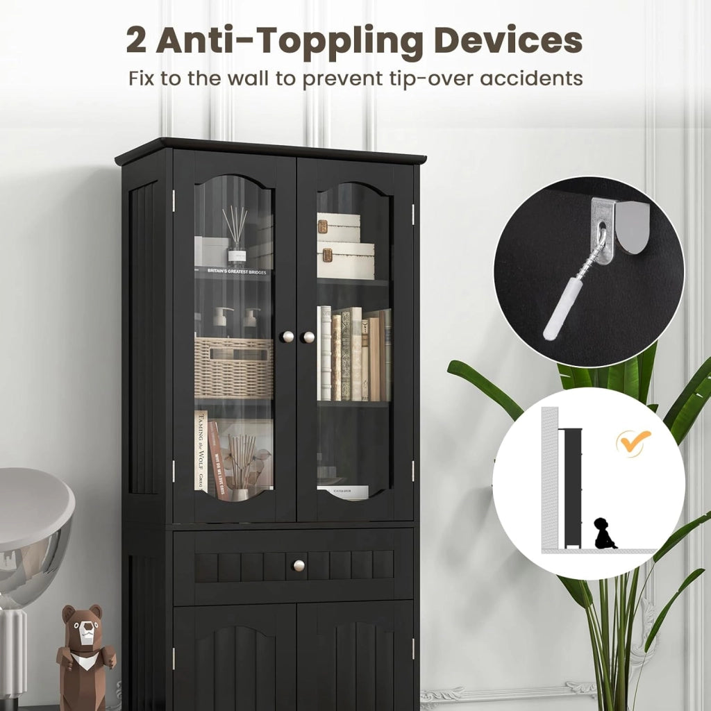 Mobile da Bagno a Terra, Armadietto da Bagno Alto, Mobiletto da Bagno Moderno, con 4 Ante in Vetro e 1 Cassetto, Ripiani Regolabili in Altezza, Ampio Spazio di Stoccaggio per Casa (Nero)