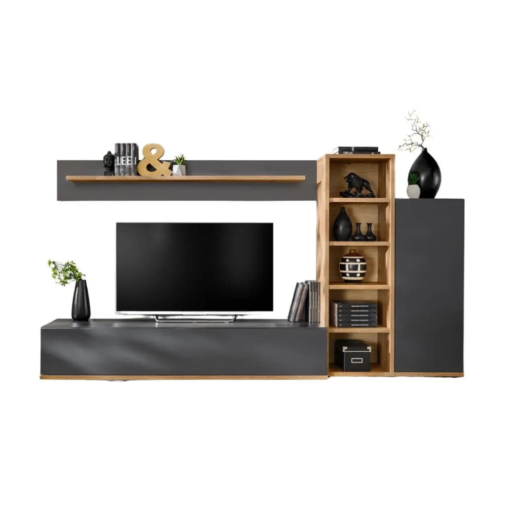 Composizione murale RHYS – Mobile TV, colonne e scaffali – Antracite e rovere Wotan