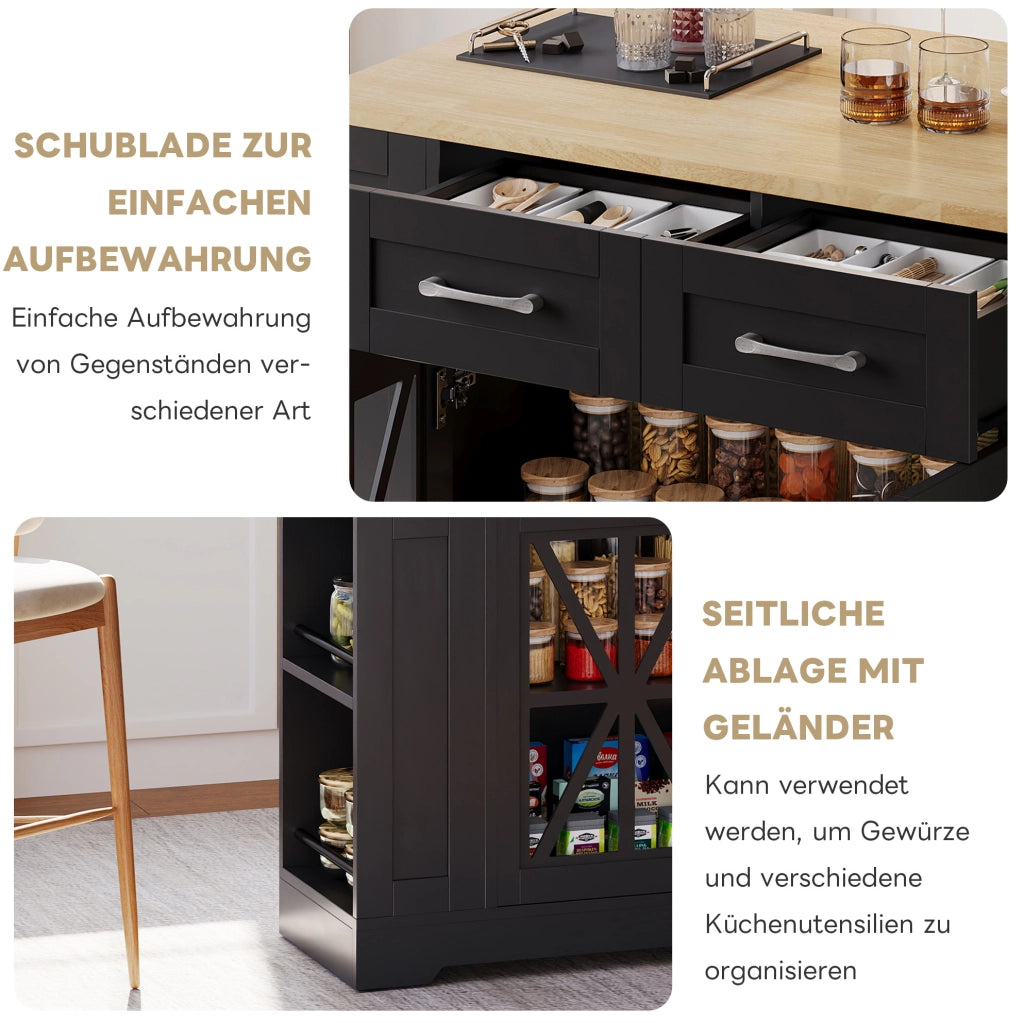 Isola da cucina su ruote con tavolo ribaltabile; prese AC e USB; 120 cm; MDF; nero e naturale
