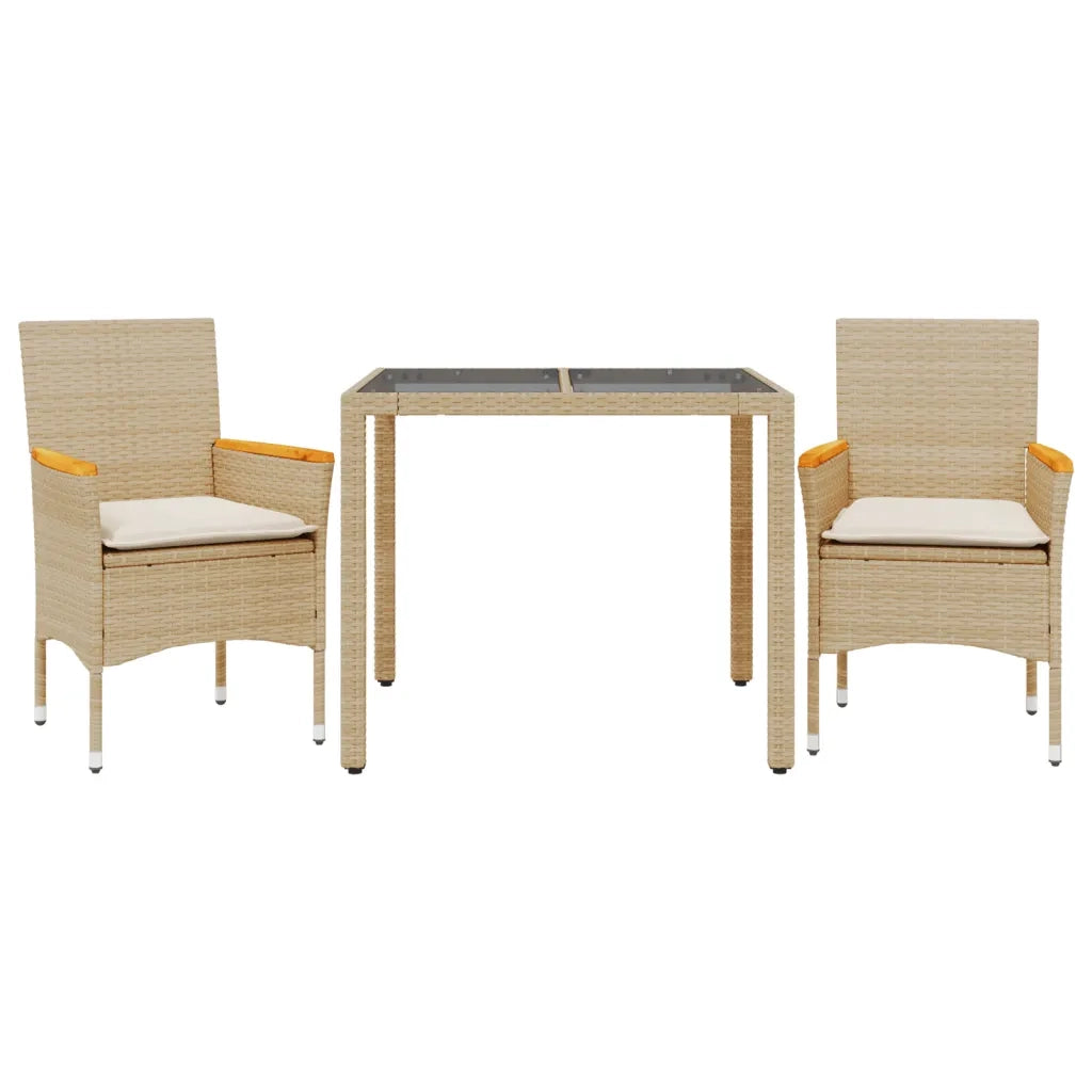 Set da Pranzo da Giardino 3 pz | Set Salotto da Giardino con Cuscini Polyrattan e Vetro