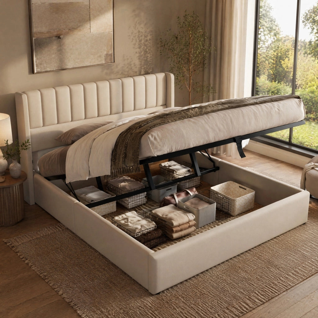Letto contenitore matrimoniale idraulico 180x200 cm in lino con testiera imbottita, beige