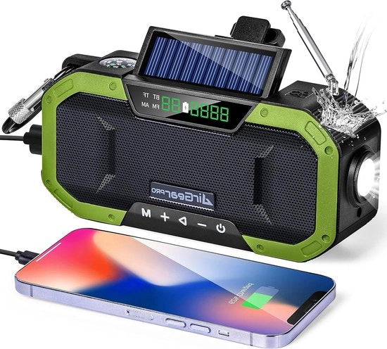 Radio Portatile con Manubrio di Caricamento Pannello Solare Luce di Emergenza e Altoparlante Bluetooth - Radio FM/AM 5000 mAh Batteria Esterna Ricaricabile via USB IPX5 Impermeabile