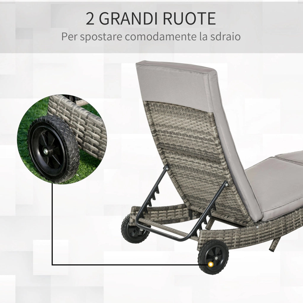 Lettino Prendisole da Giardino con Schienale Regolabile e Cuscino 207x70x70 cm in Rattan PE Grigio