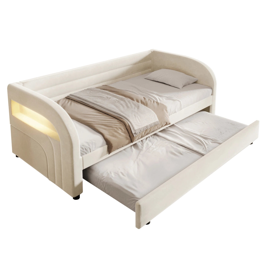 Letto 90x200 cm con letto estraibile e LED in flanella beige