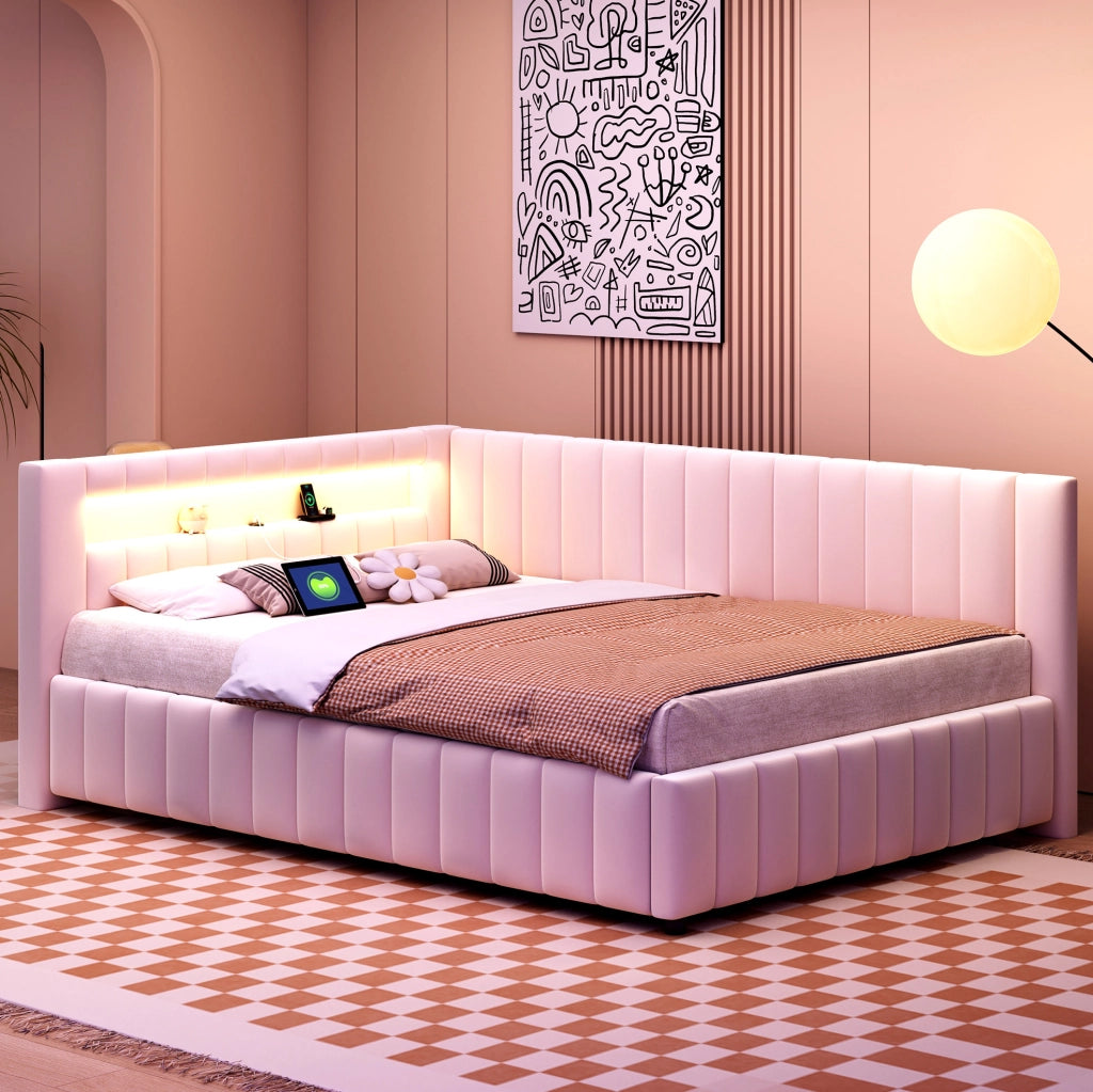 Divano letto 140x200 cm; LED e USB; velluto beige (Senza materasso)