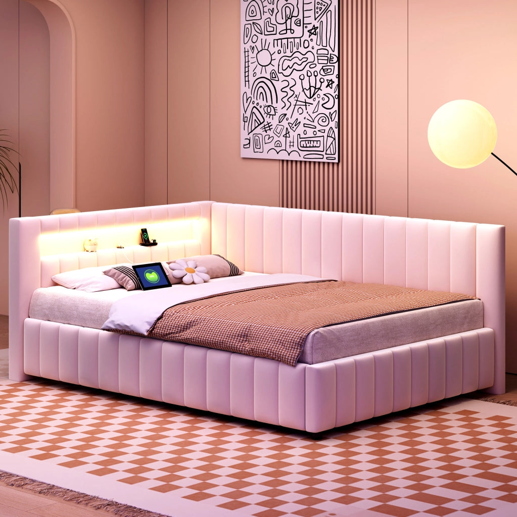 Divano letto 140x200 cm; LED e USB; velluto beige (Senza materasso)