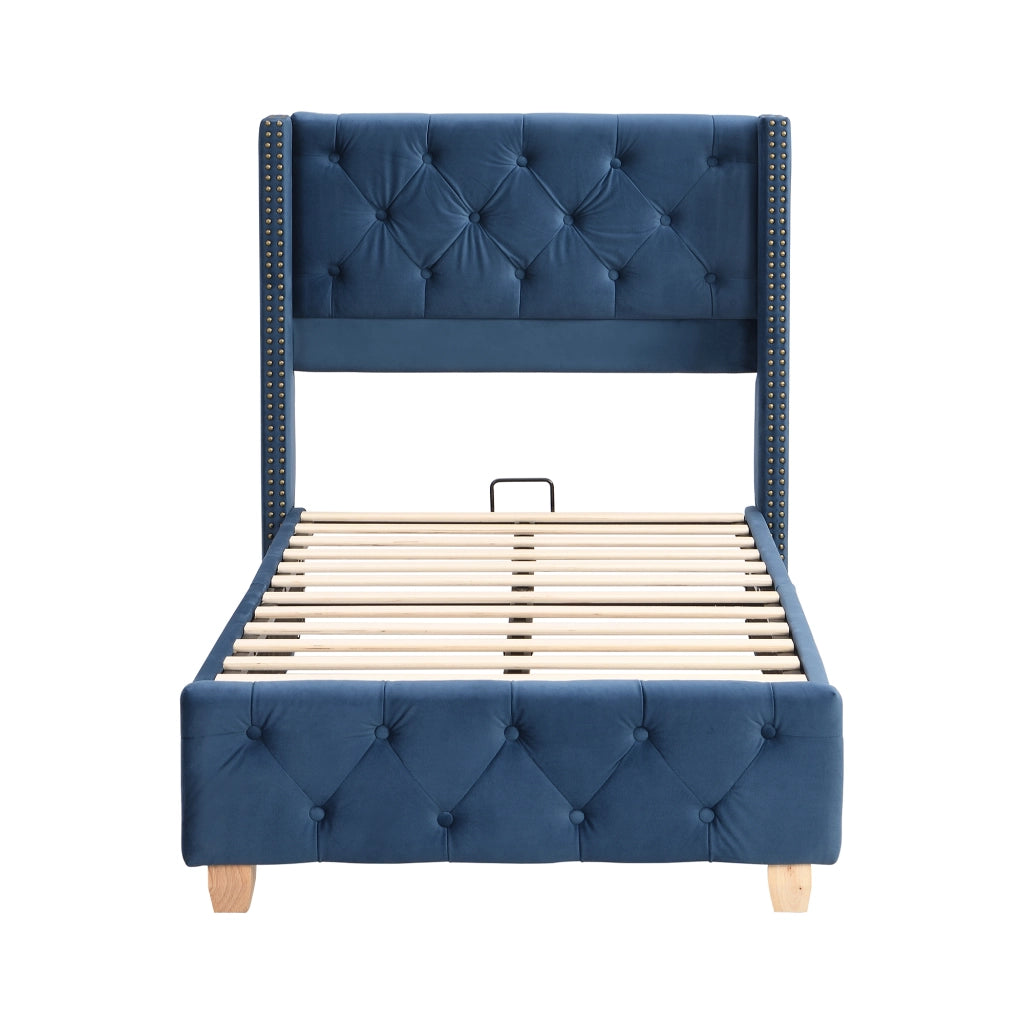 DESMIU Letto imbottito 90 × 200 cm 1 posto con trapuntatura a bottoni, borchie decorative, senza materasso, blu