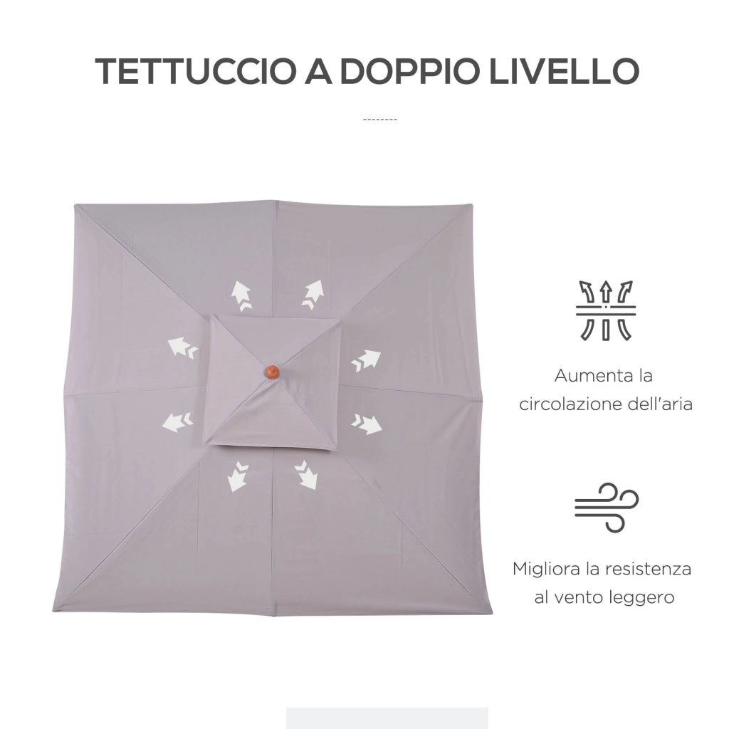 Ombrellone da Giardino 300x300x297H cm con 8 Stecche e Copertura Parasole a 2 Livelli in Bambù Grigio