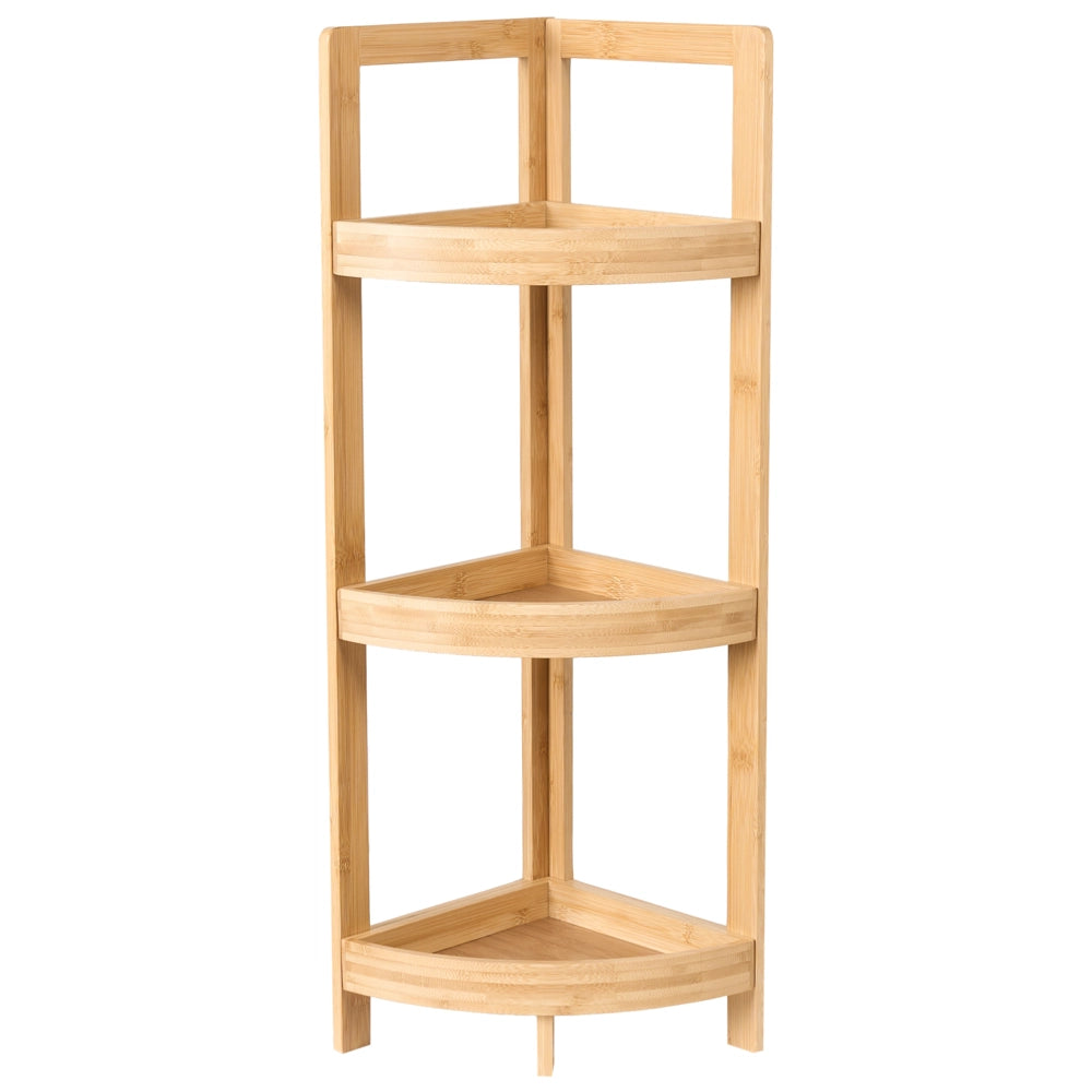 Scaffale angolare per bagno in bambù a tre ripiani Design marrone chiaro con cestino