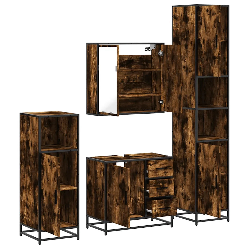 Set Mobili da Bagno 4 pz Rovere Fumo in Legno Multistrato
