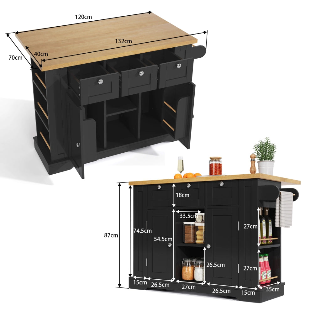 Carrello da Cucina con 3 Cassetti; 2 Ante; Ripiani Aperti; Presa e Portasciugamani; Cucina; in MDF; 132x40x87 cm; Naturale e Nero