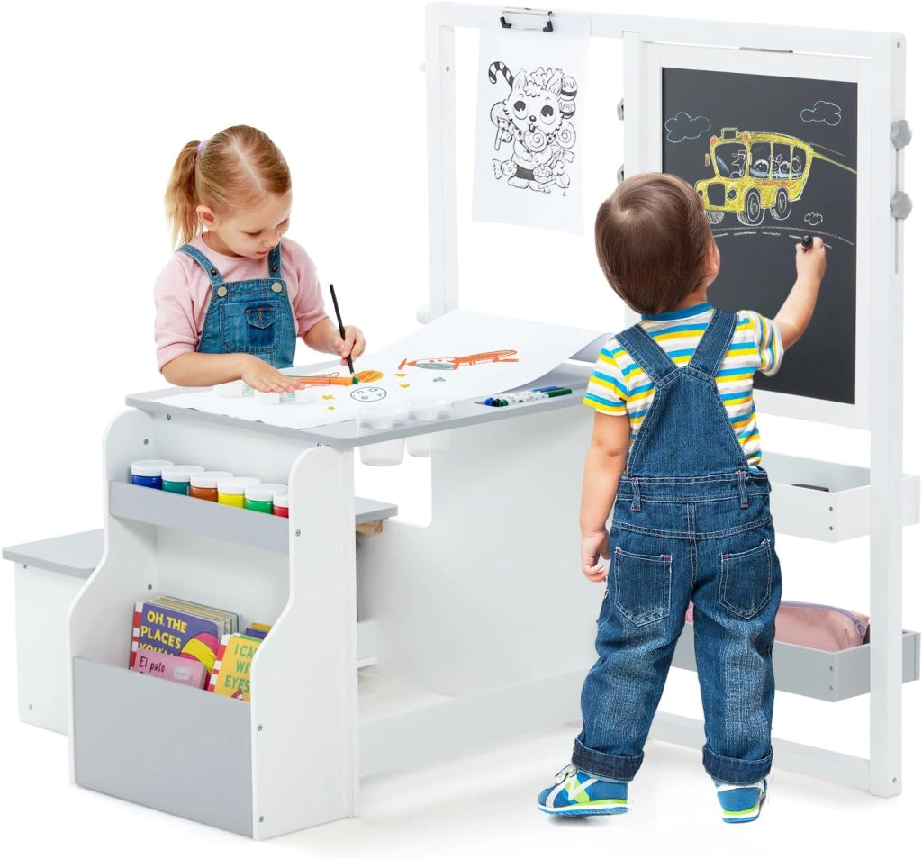 Set 3 in 1 Tavolo e Sedie per Bambini 3+ Anni, Tavolo in Legno Sicuro con Lavagna Cancellabile, Magnetica, Cavalletto Regolabile, Libreria e Accessori Artistici, per Disegno (Bianco e Grigio)