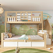 Letto a castello per bambini, 90/140 x 200 cm, con sponde di protezione e spazio contenitivo, bianco e color legno