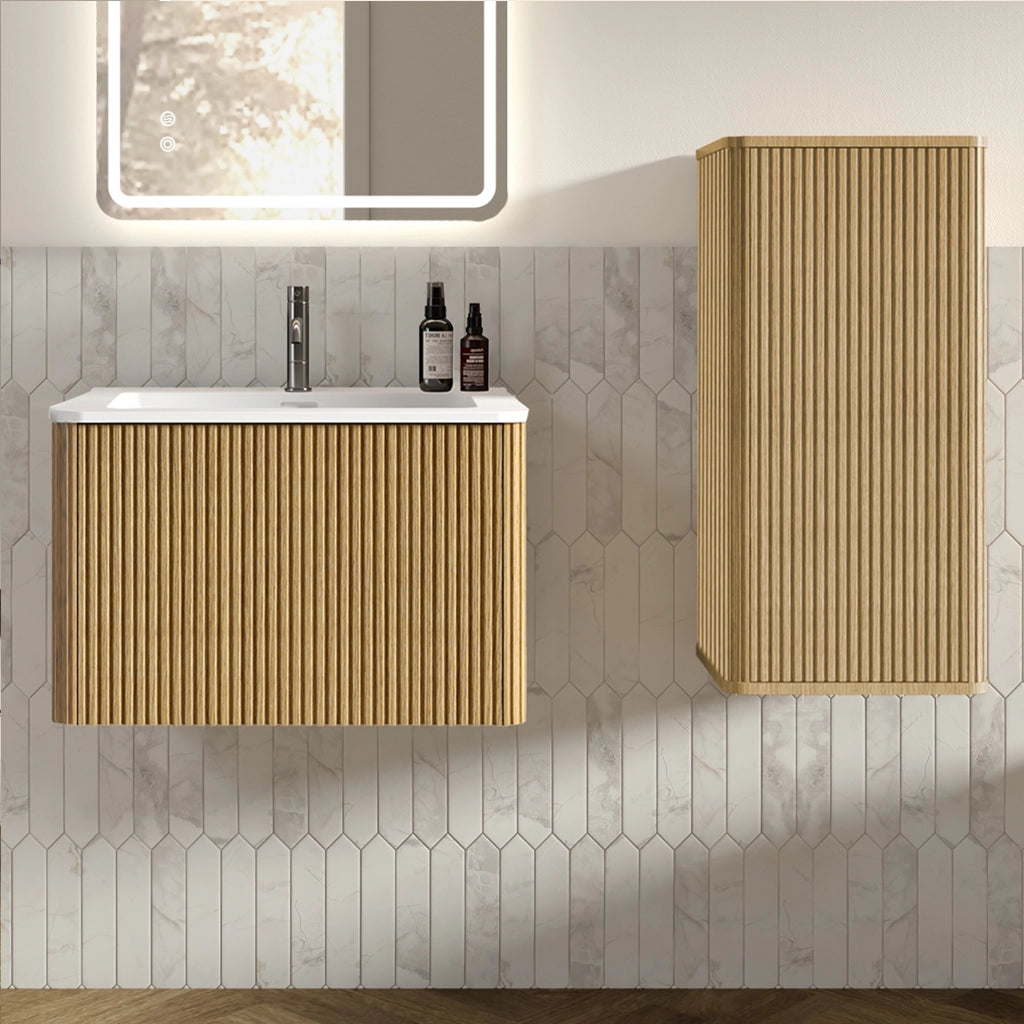 Mobile bagno con lavabo e colonna laterale; 2 elementi; design moderno per bagno; rovere e bianco; 60 cm
