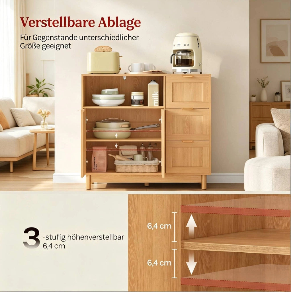 Sideboard da cucina con cassetti, vani chiusi e ripiano regolabile