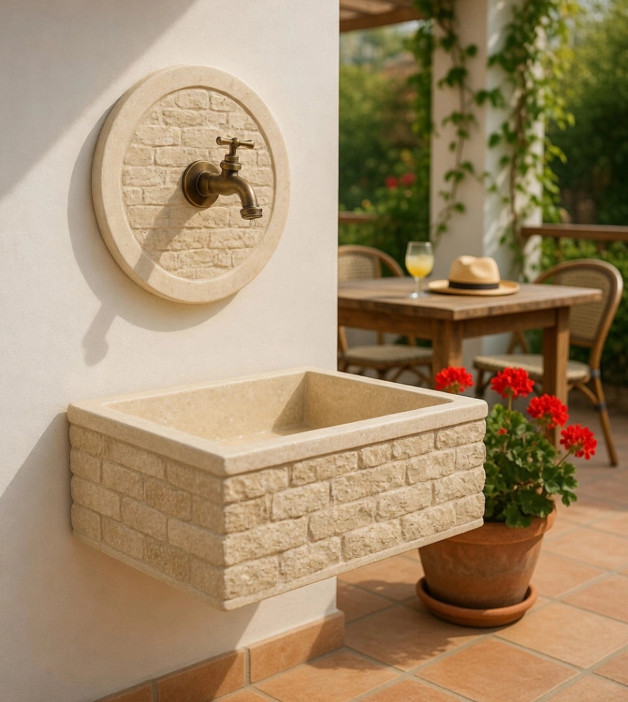Lavello Rettangolare da Esterno 45x35 cm con Rosone Installazione a Muro in Cemento Mattone Faccia a Vista Meseta