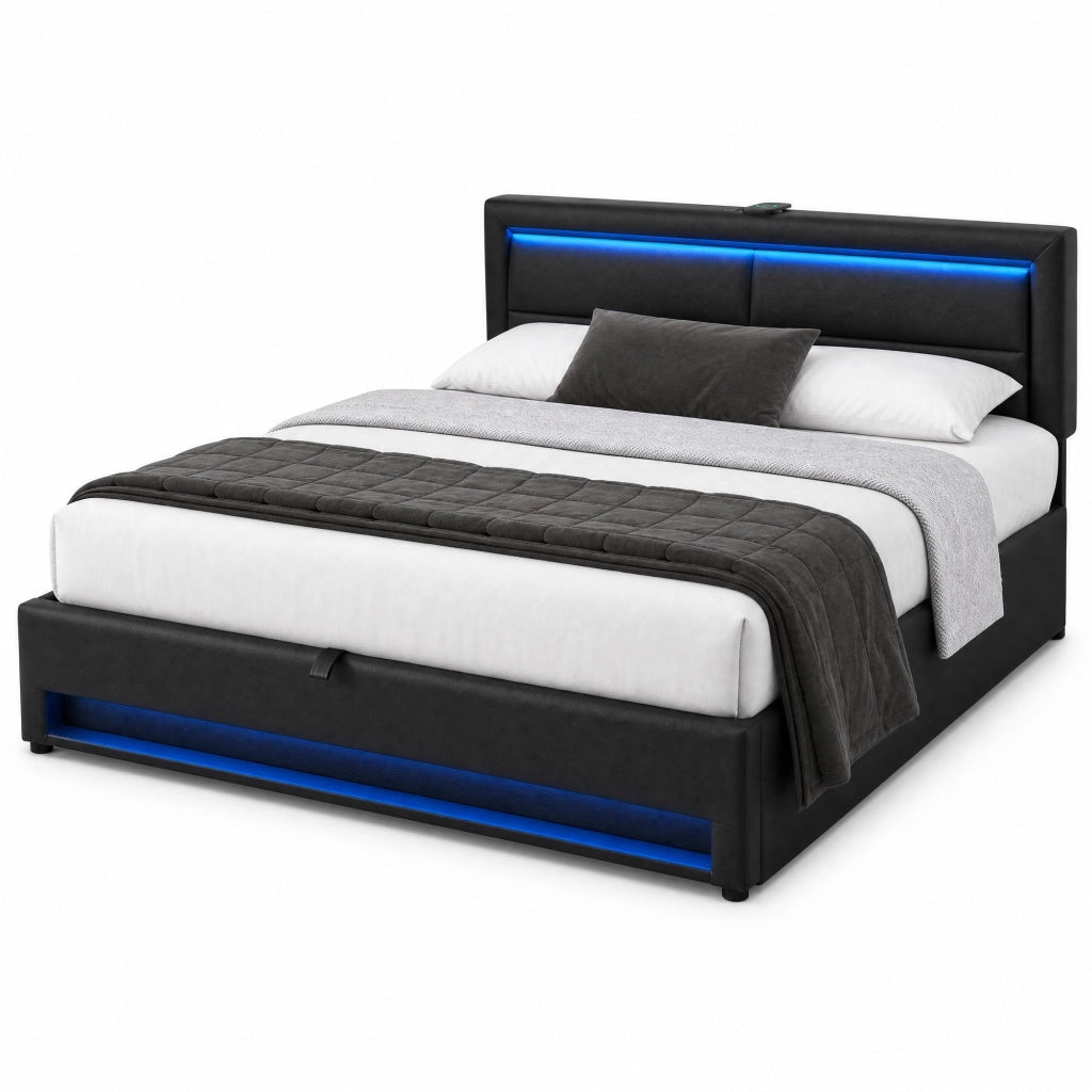 Letto imbottito 160x200 cm con LED, USB e ricarica wireless