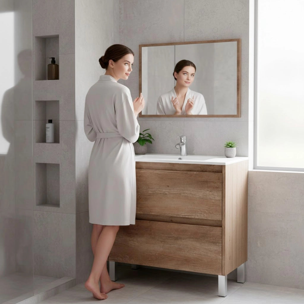 Mobile Bagno Con Lavandino In Ceramica E Specchio Abbinato 2 Cassettoni Ammortizzati Stile Essenziale 80 x 45 x 80 Cm Finitura Quercia