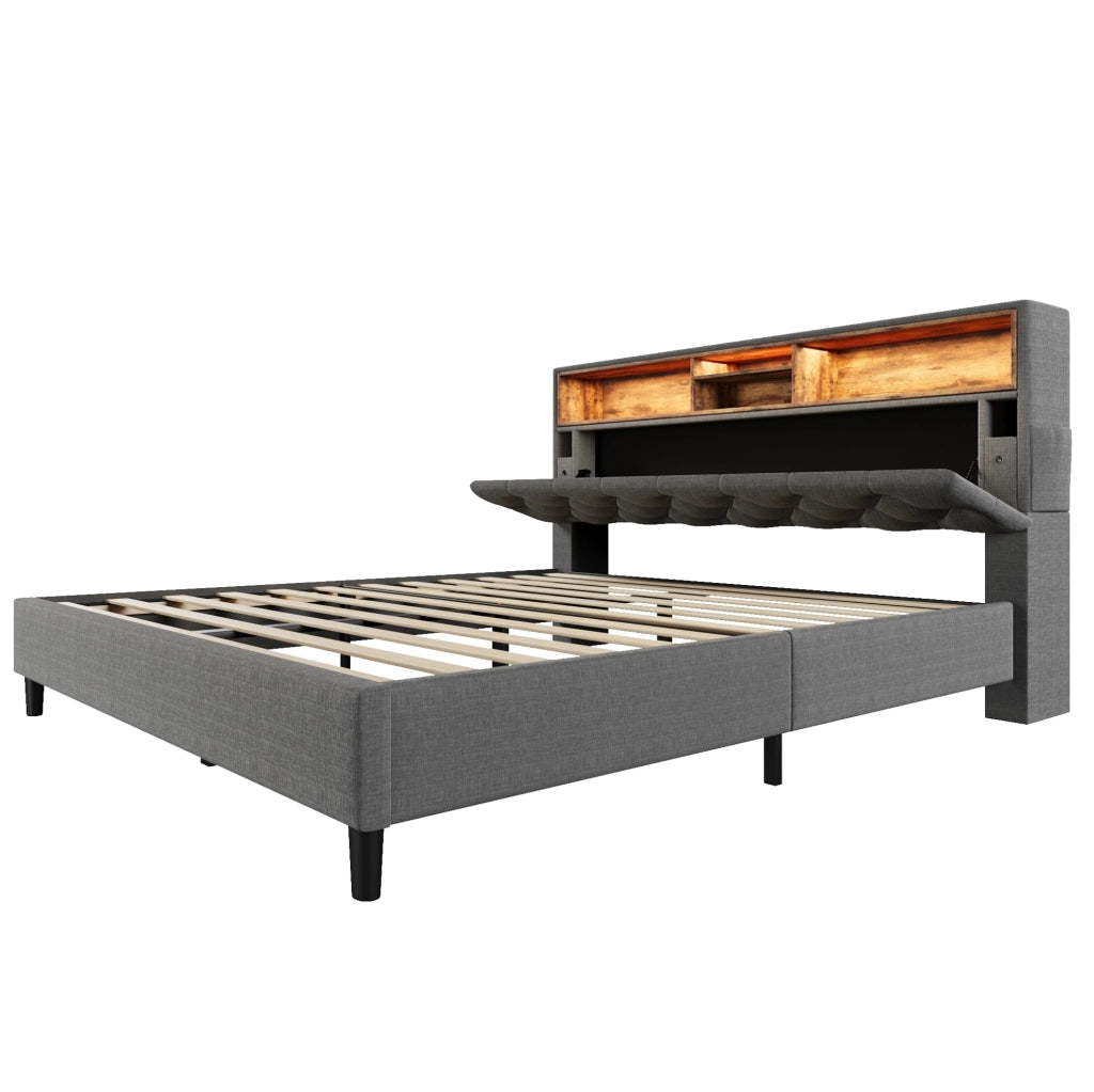 Letto matrimoniale imbottito 140x200 cm con testiera contenitore e LED; grigio
