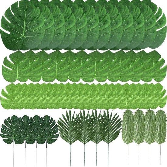 Foglie artificiali, 60 pezzi foglie di palma tropicale foglie di Monstera decorazioni per festa di spiaggia (6 varietà)