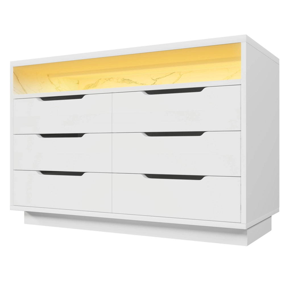 Credenza moderna con LED; 6 cassetti e vano a giorno; 120x40x85 cm; bianco