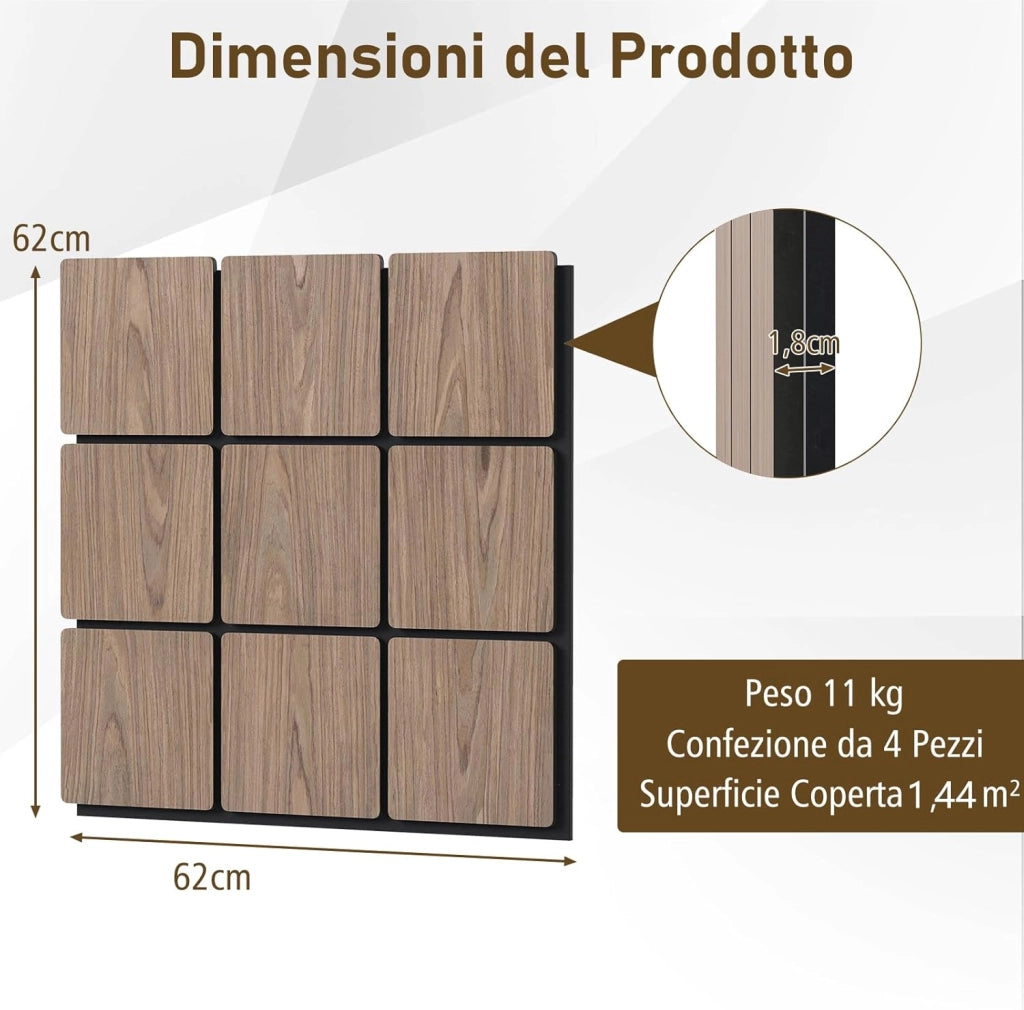 Set di 4 Pannelli Fonoassorbente, Pannelli Acustici per Pareti, 62 x 62 cm, 9 Tavoletta Esagonali in Legno, per Riduzione del Rumore, Decorazione Interna