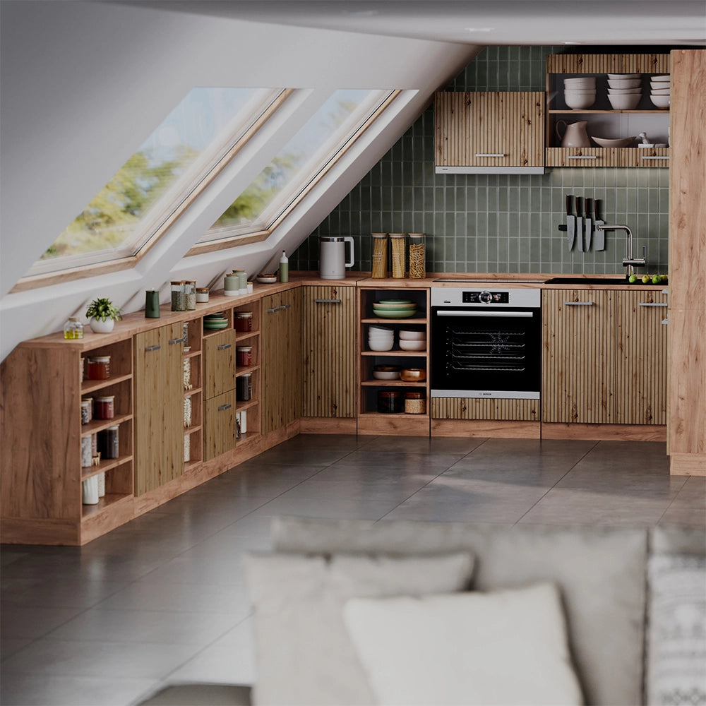 Mobile cucina sottotetto R-Line Rovere artigianale/Rovere dorato 80 cm con 2 porte, carcassa 60 cm profondità Vicco