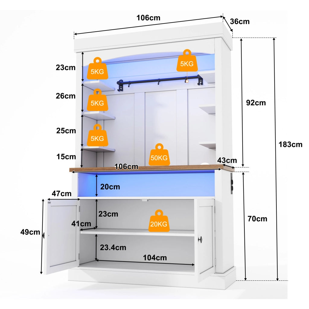 Credenza alta ad arco con illuminazione LED RGB, prese integrate e vani portaoggetti, 106 x 43 x 183 cm, bianca