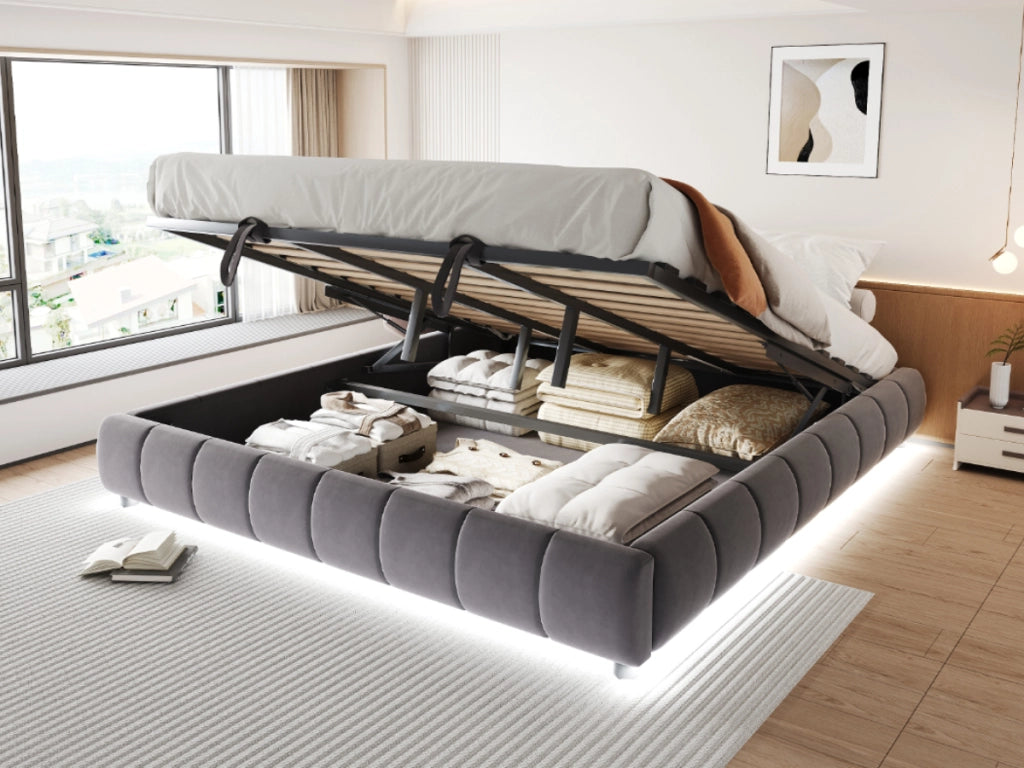 DESMIU Letto contenitore 180 × 200 cm con LED, apertura idraulica, senza materasso, grigio
