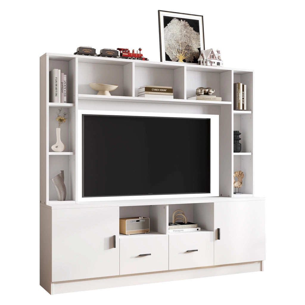 Mobile porta tv con 2 ante, 2 cassetti e 11 vani, per soggiorno, in pannello truciolare, bianco, 180 × 35 × 170 cm