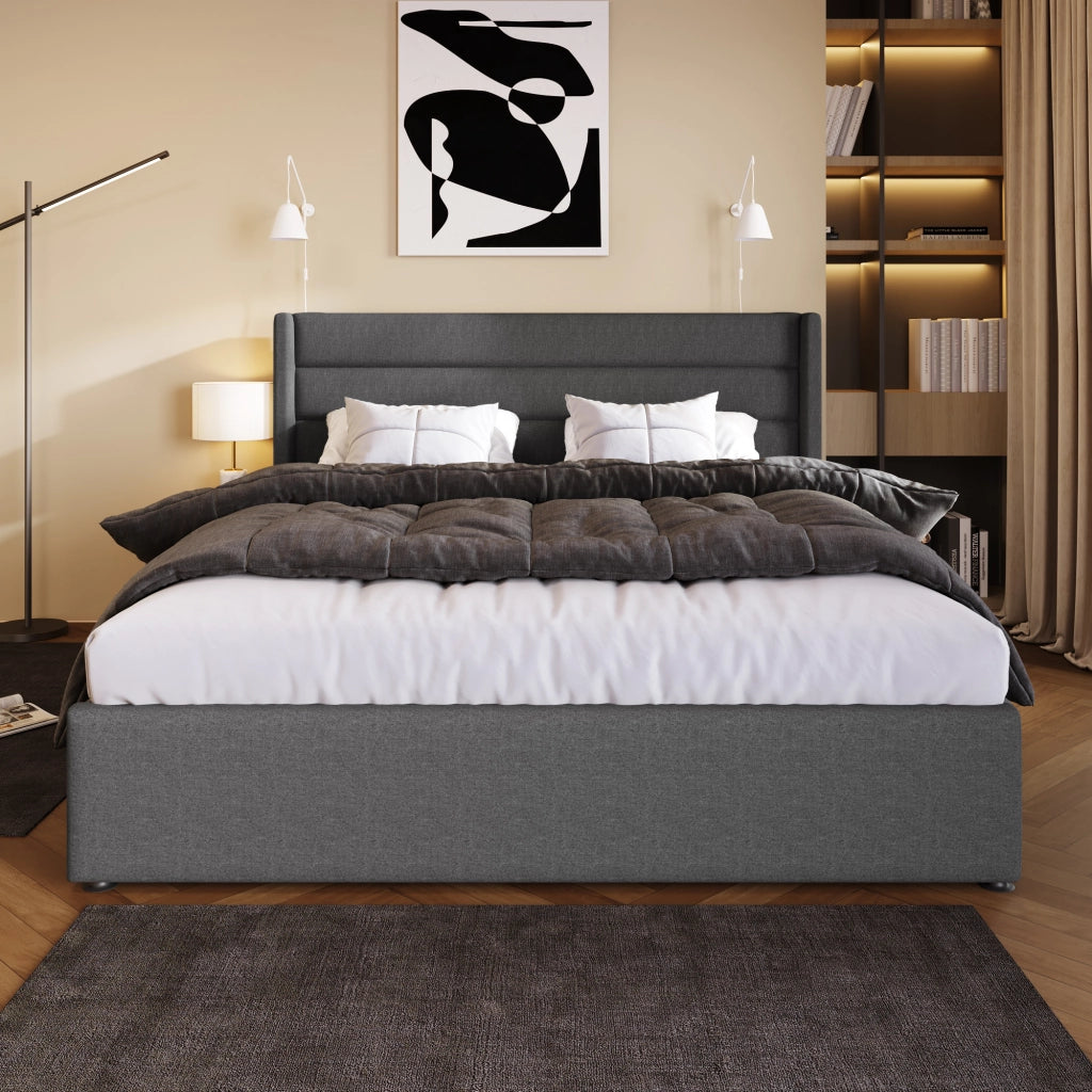 Letto Contenitore Letto Matrimoniale 140×200 cm con Testiera Imbottita e Vano; senza Materasso; Lino; Beige