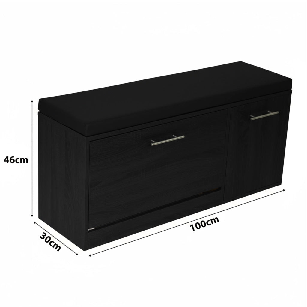 Marvin Scarpiera Panca da Ingresso con Anta Contenitore – Portascarpe Salvaspazio in Legno con Cus Nero / Cuscino Nero