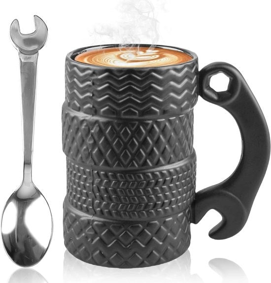 Bicchieri in ceramica per auto 500 ml con cucchiaio | 3D grande bicchiere per auto | manico e design divertente | bicchieri per caffè, tè e bevande | bicchieri per automobilisti appassionati