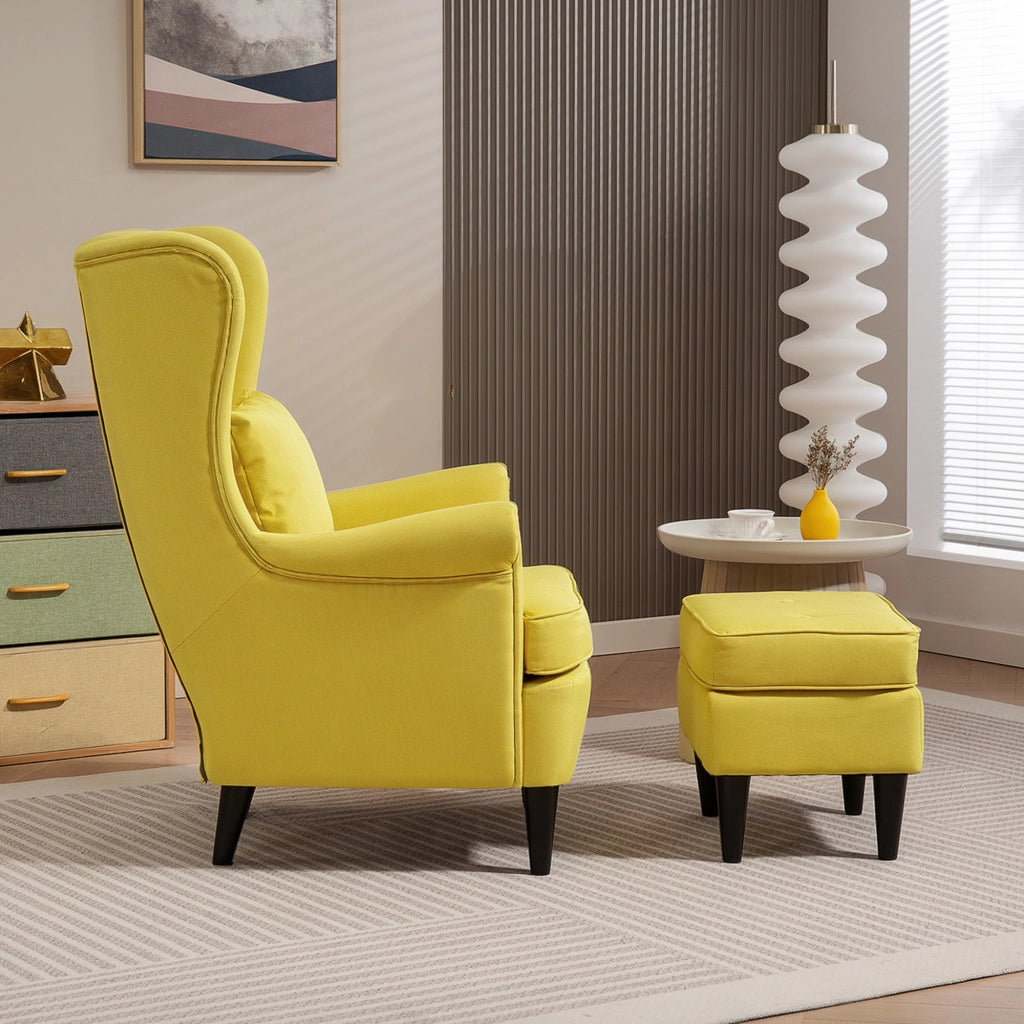 Poltrona con Poggiapiedi in Stile Moderno 75x83x104 cm in Tessuto Effetto Lino e Legno Giallo