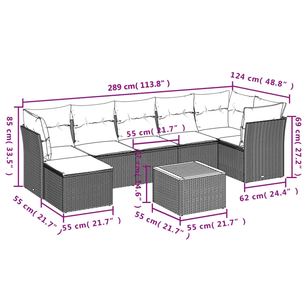 Set Divano da Giardino 8 pz con Cuscini Beige in Polyrattan