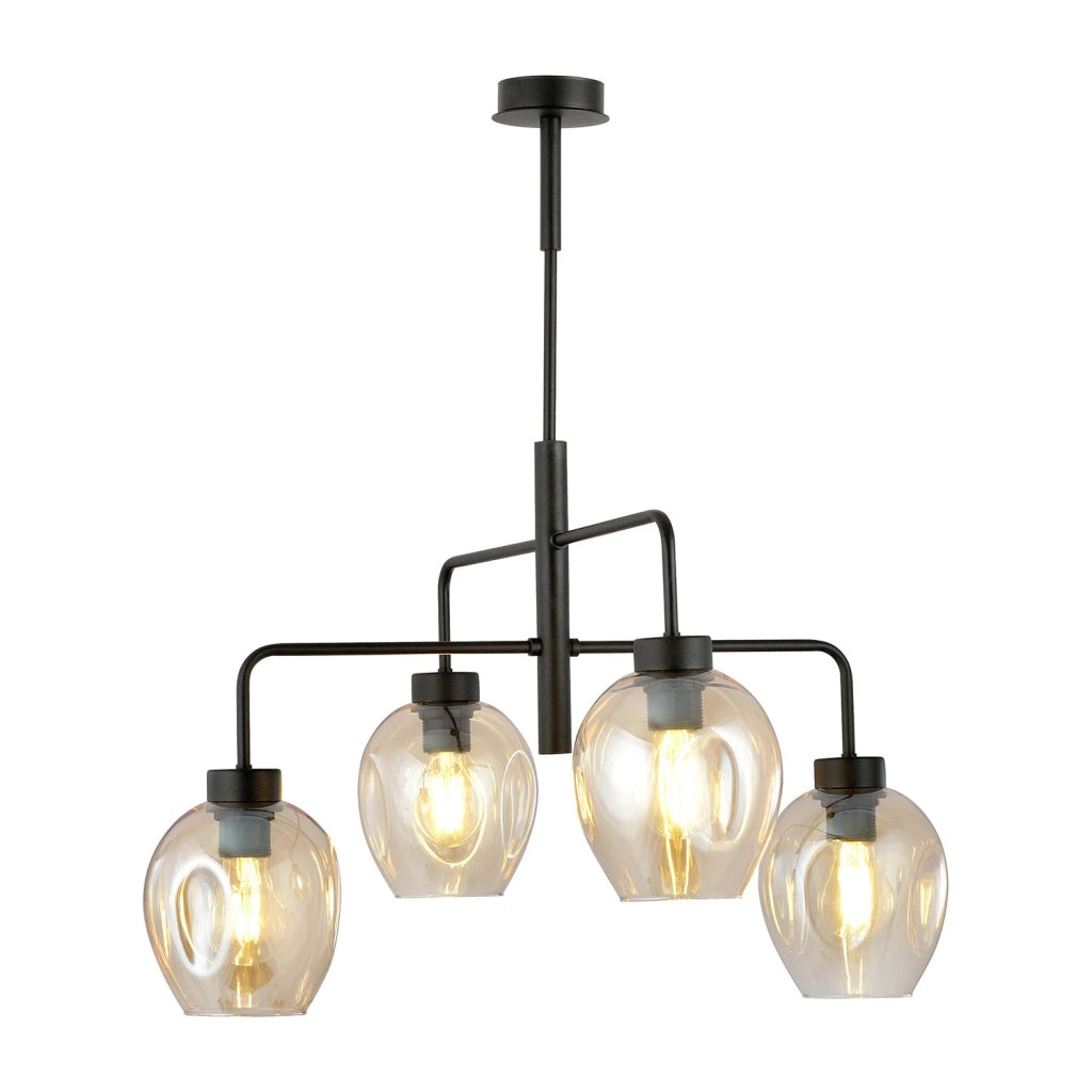 Lampadario Moderno 4 Luci Auriga In Accaio Nero E Vetro Ambra