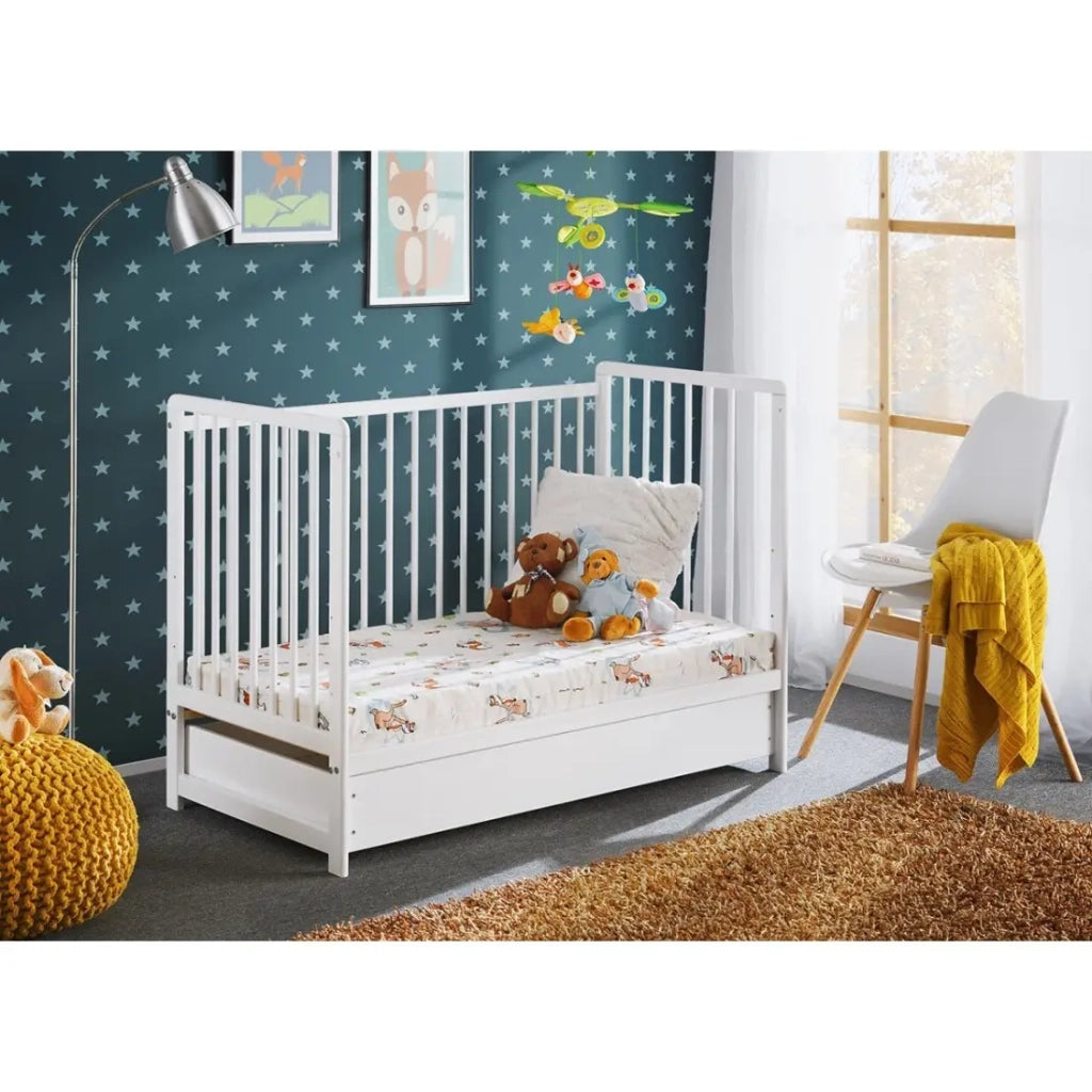 Lettino evolutivo per bambini con cassetto e materasso della collezione LUTIN, regolabile in altezza. Colore bianco opaco.