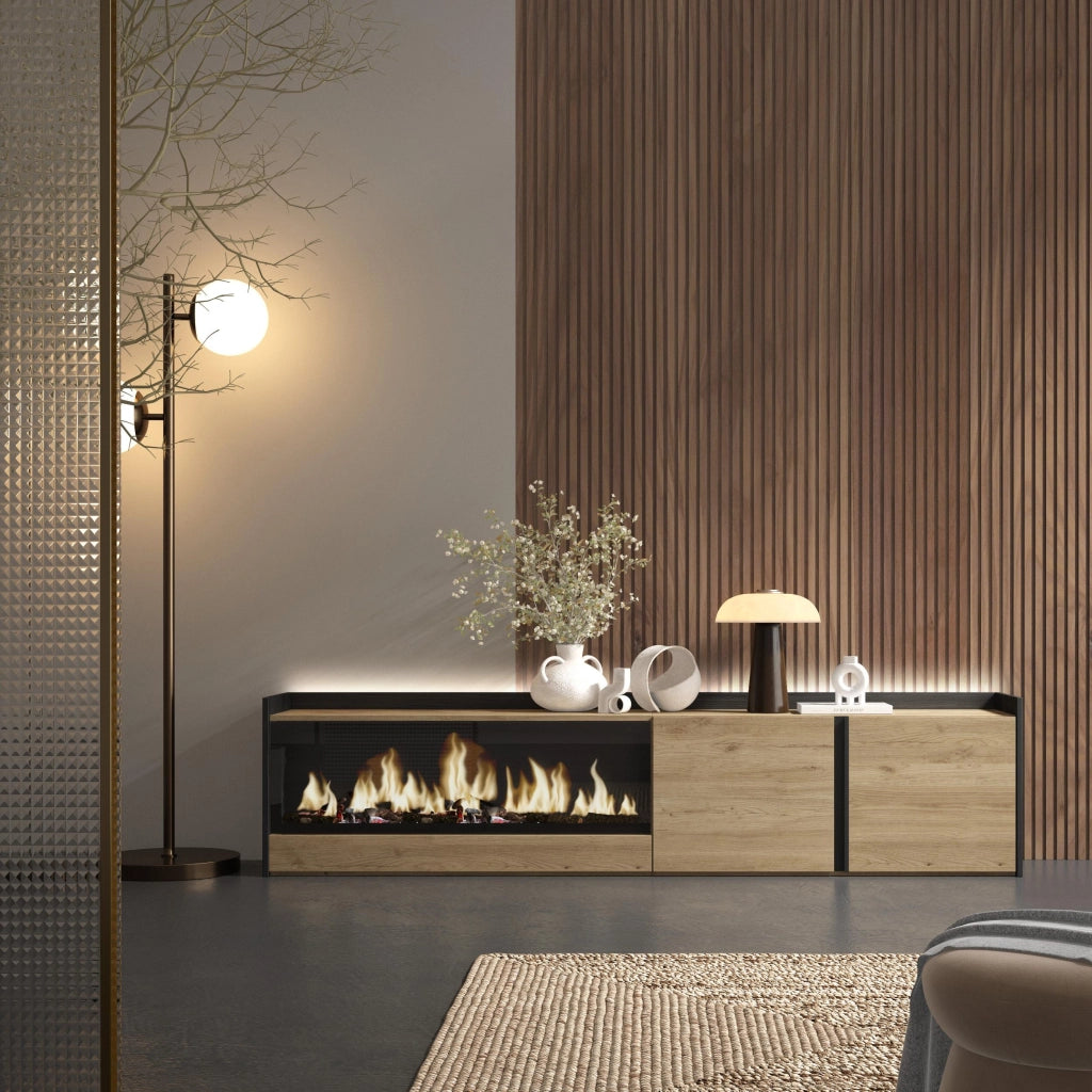 Mobile TV Soggiorno, 212x50x35 cm, Per TV fino a 80", Camino elettrico XXL, LED, Rovere e nero