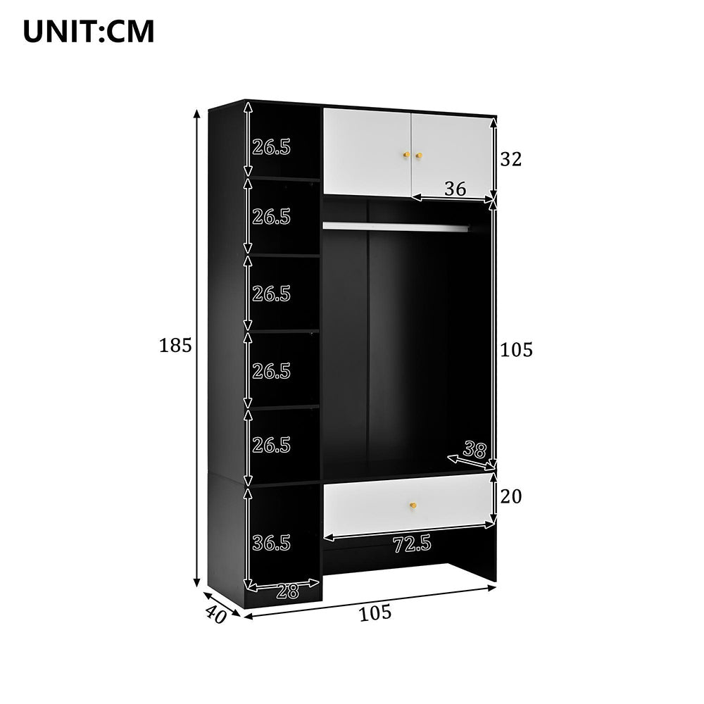 Armadio per ingresso compatto - Xylo - 105x185x40 cm - Bianco e nero - 2 ante, 6 scomparti, appendiabiti, cassetto