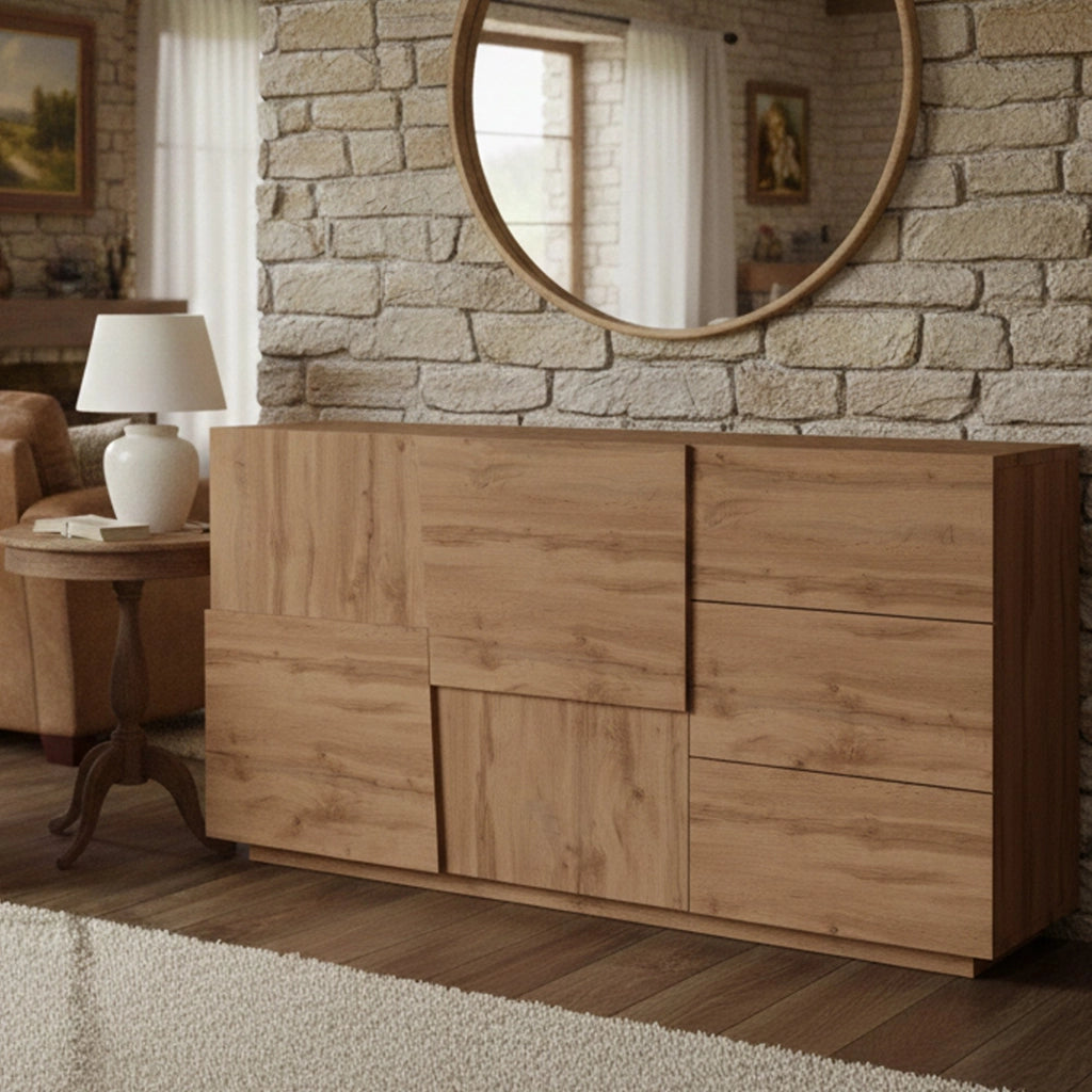 Credenza Avelignese, Buffet da soggiorno, Madia da salotto con 2 ante e 3 cassetti, 180x44h86 cm, Rovere