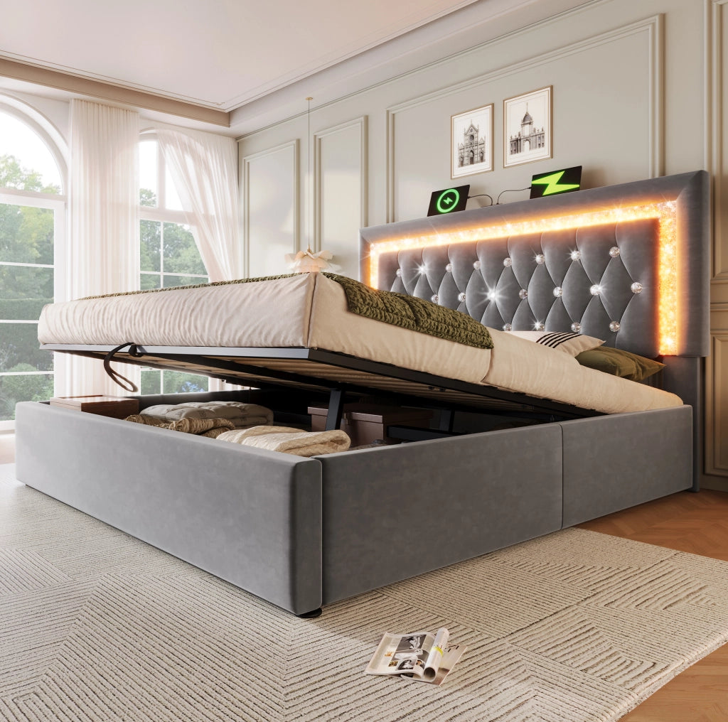 Letto matrimoniale 160x200 cm con contenitore idraulico; LED; USB e USB-C in velluto grigio