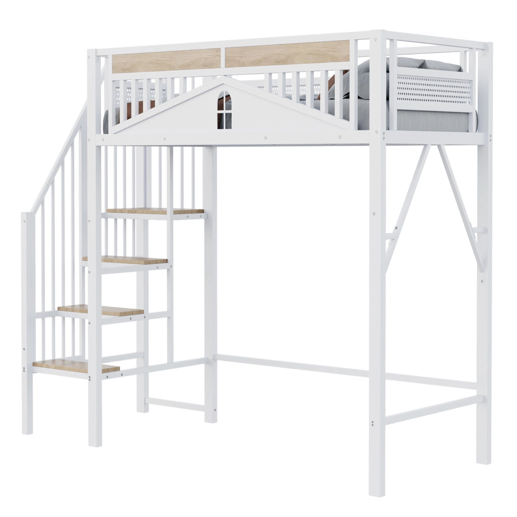 Letto a soppalco 90x200 cm in metallo e legno; con scala laterale; bianco